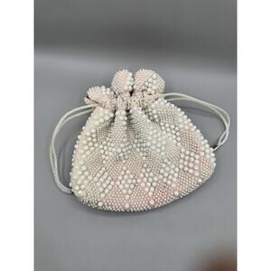 Beaded Purse 1960s Reversible Vintage White & Red Hippie Bag Drawstring Cinch